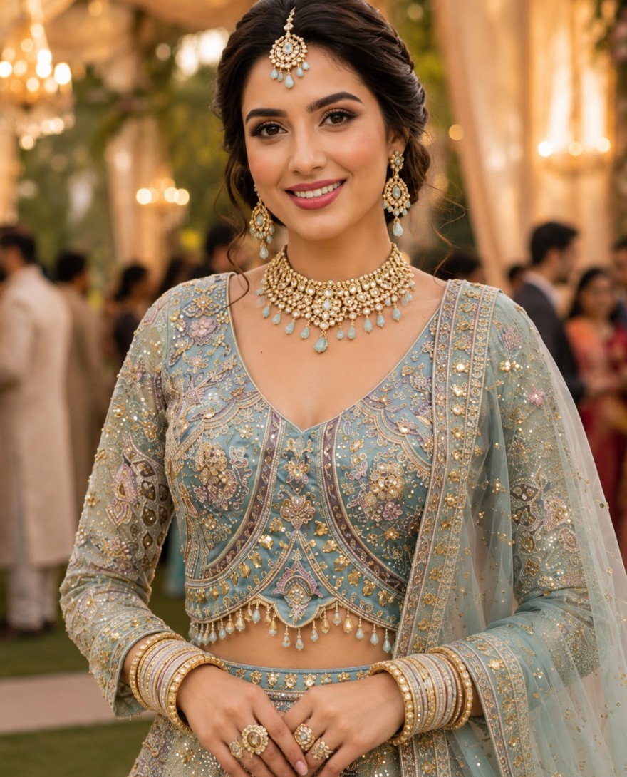BLUE - Multi Colour Net Lehenga Choli with Embroidered, Resham and Zari Work